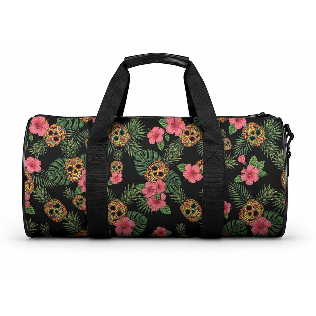 Tropical Calavera Hawaiian Duffle Bag Sugar Skull Pineapple Hibiscus Floral DT05 One size Black - Polynesian Pride