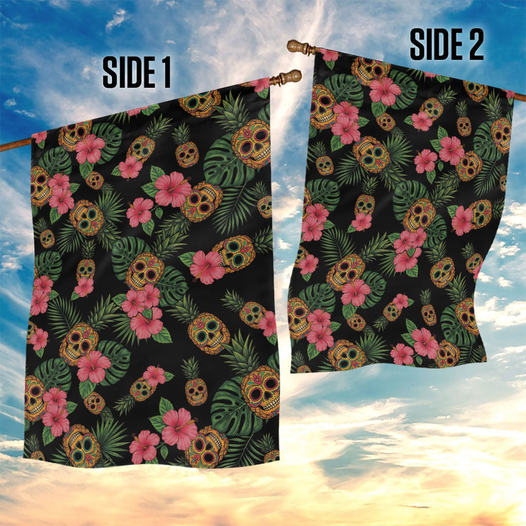 Tropical Calavera Hawaiian Garden Flag Sugar Skull Pineapple Hibiscus Floral