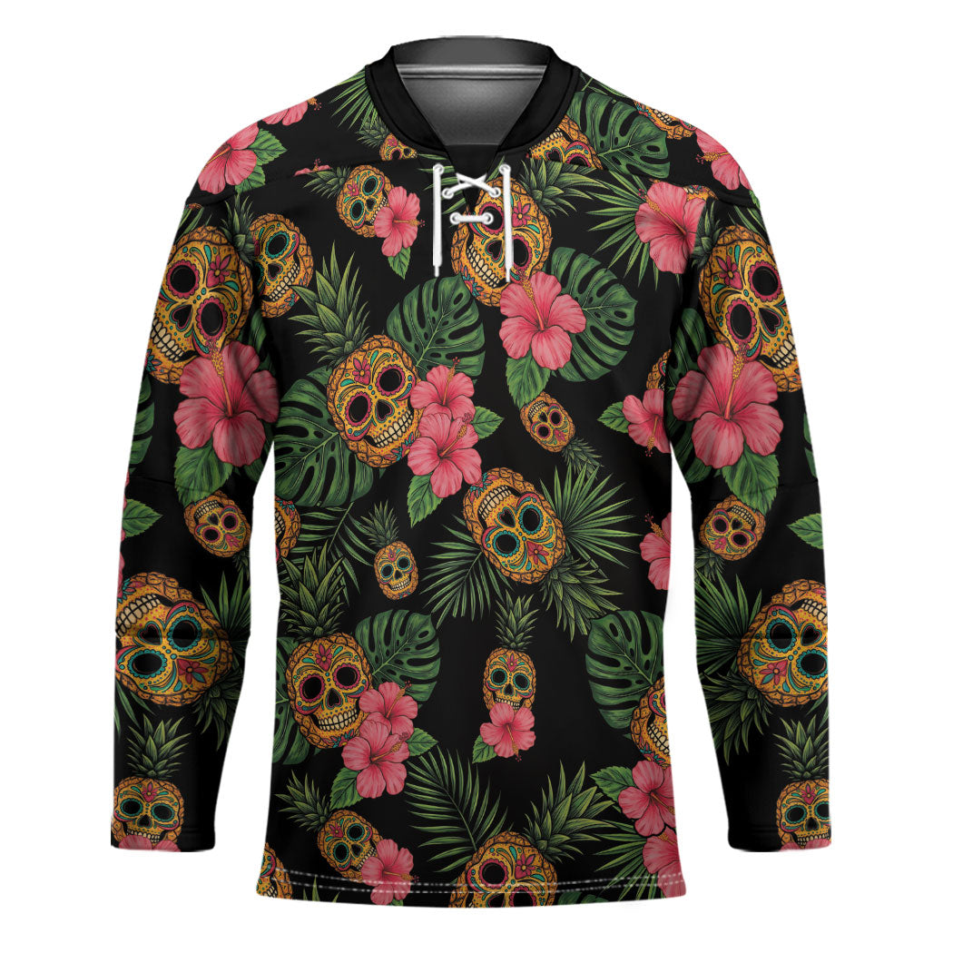 Tropical Calavera Hawaiian Hockey Jersey Sugar Skull Pineapple Hibiscus Floral DT05 Unisex Black - Polynesian Pride