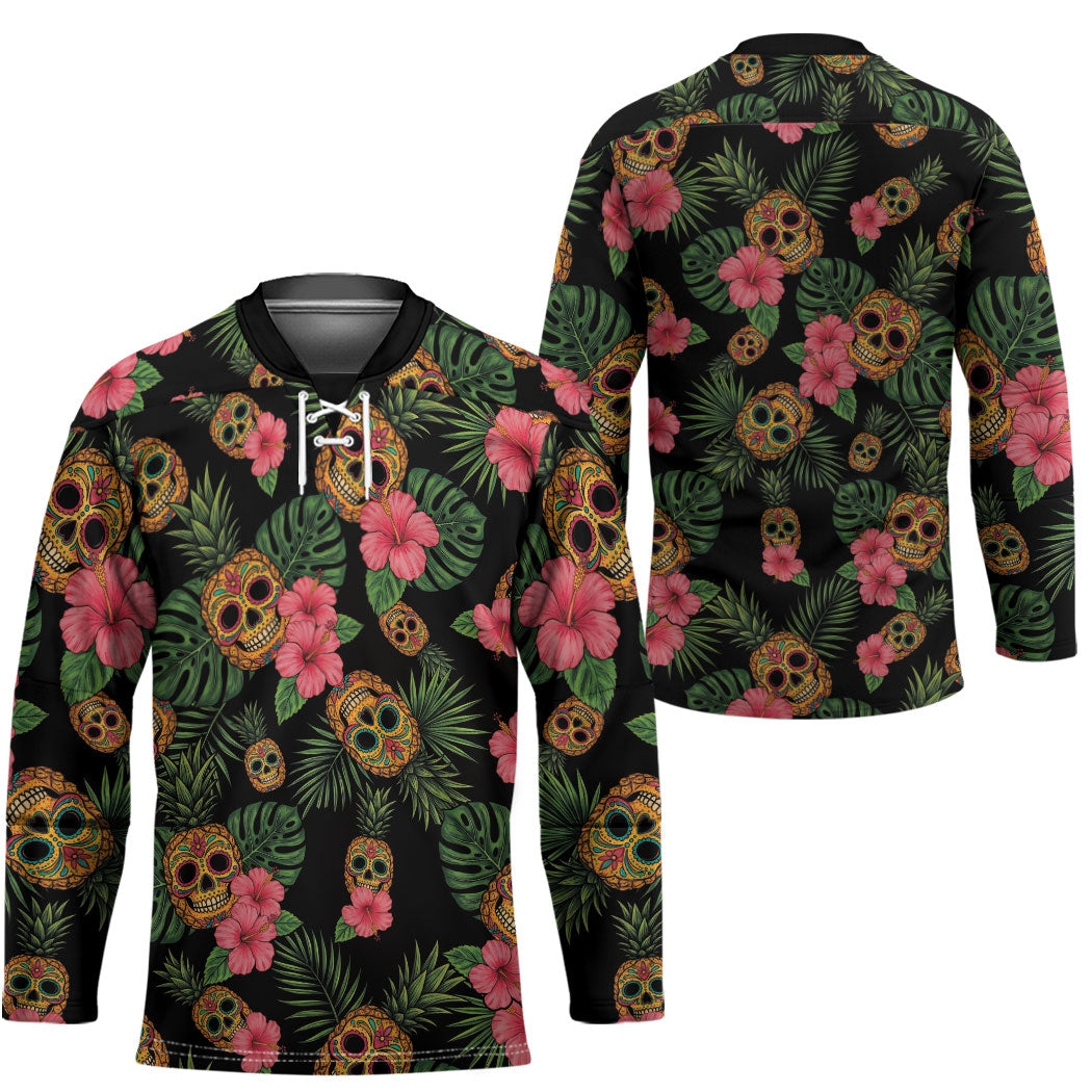 Tropical Calavera Hawaiian Hockey Jersey Sugar Skull Pineapple Hibiscus Floral DT05 - Polynesian Pride