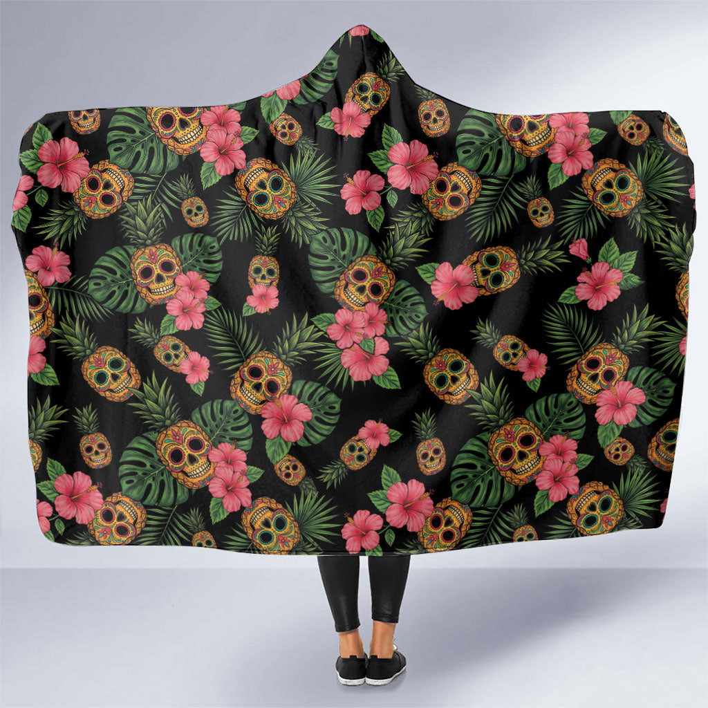Tropical Calavera Hawaiian Hooded Blanket Sugar Skull Pineapple Hibiscus Floral DT05 One Size Black - Polynesian Pride