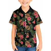 Tropical Calavera Hawaiian Kid Hawaiian Shirt Sugar Skull Pineapple Hibiscus Floral DT05 Kid Black - Polynesian Pride