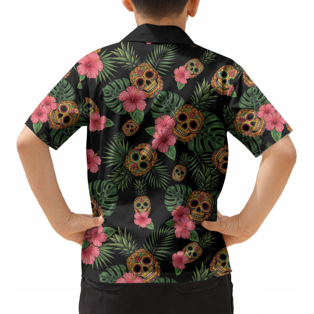 Tropical Calavera Hawaiian Kid Hawaiian Shirt Sugar Skull Pineapple Hibiscus Floral DT05 - Polynesian Pride