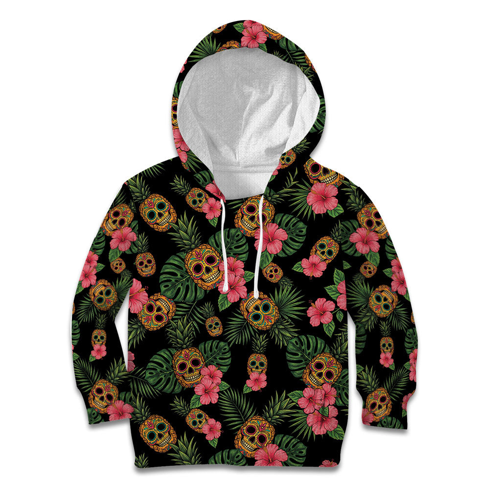 Tropical Calavera Hawaiian Kid Hoodie Sugar Skull Pineapple Hibiscus Floral DT05 Hoodie Black - Polynesian Pride