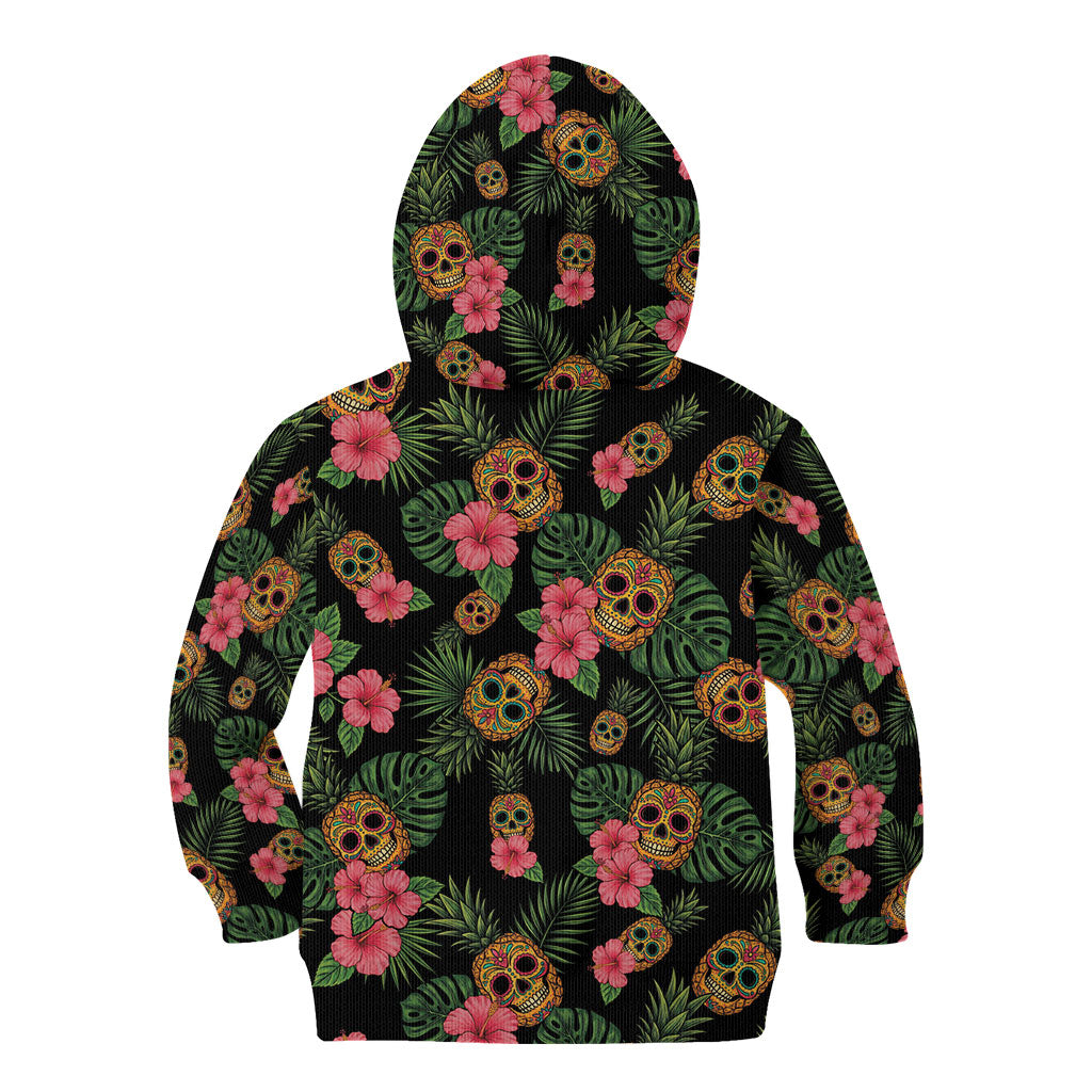 Tropical Calavera Hawaiian Kid Hoodie Sugar Skull Pineapple Hibiscus Floral DT05 - Polynesian Pride