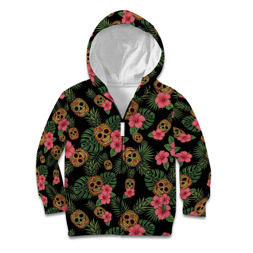 Tropical Calavera Hawaiian Kid Hoodie Sugar Skull Pineapple Hibiscus Floral DT05 Zip Hoodie Black - Polynesian Pride