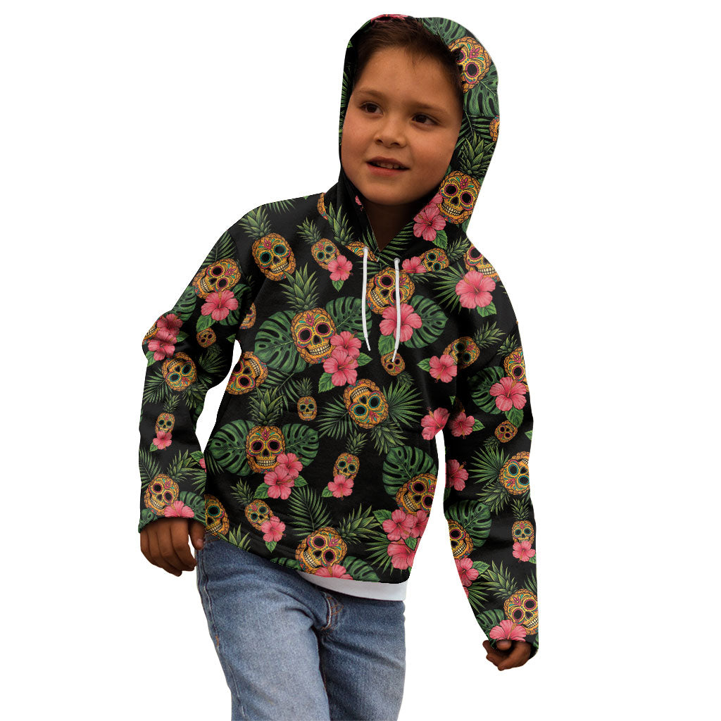 Tropical Calavera Hawaiian Kid Hoodie Sugar Skull Pineapple Hibiscus Floral DT05 - Polynesian Pride