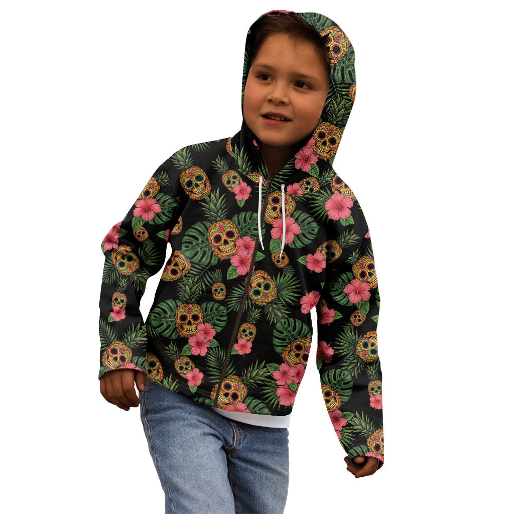 Tropical Calavera Hawaiian Kid Hoodie Sugar Skull Pineapple Hibiscus Floral DT05 - Polynesian Pride