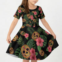 Tropical Calavera Hawaiian Kid Short Sleeve Dress Sugar Skull Pineapple Hibiscus Floral DT05 KID Black - Polynesian Pride