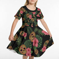 Tropical Calavera Hawaiian Kid Short Sleeve Dress Sugar Skull Pineapple Hibiscus Floral DT05 - Polynesian Pride