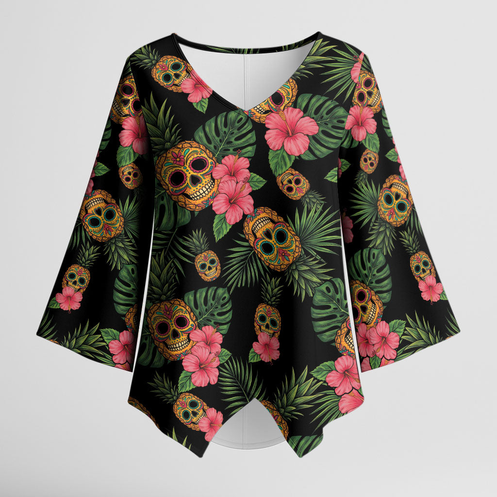 Tropical Calavera Hawaiian Kimono Sleeve Blouse Sugar Skull Pineapple Hibiscus Floral