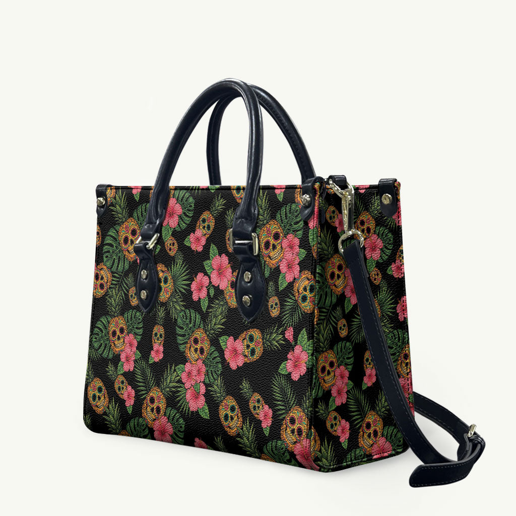 Tropical Calavera Hawaiian Leather Bag Sugar Skull Pineapple Hibiscus Floral DT05 Black - Polynesian Pride
