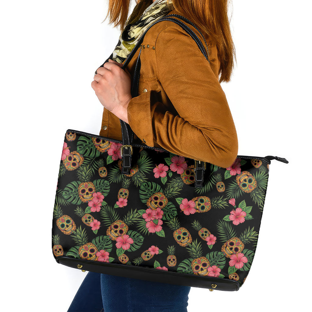 Tropical Calavera Hawaiian Leather Tote Bag Sugar Skull Pineapple Hibiscus Floral