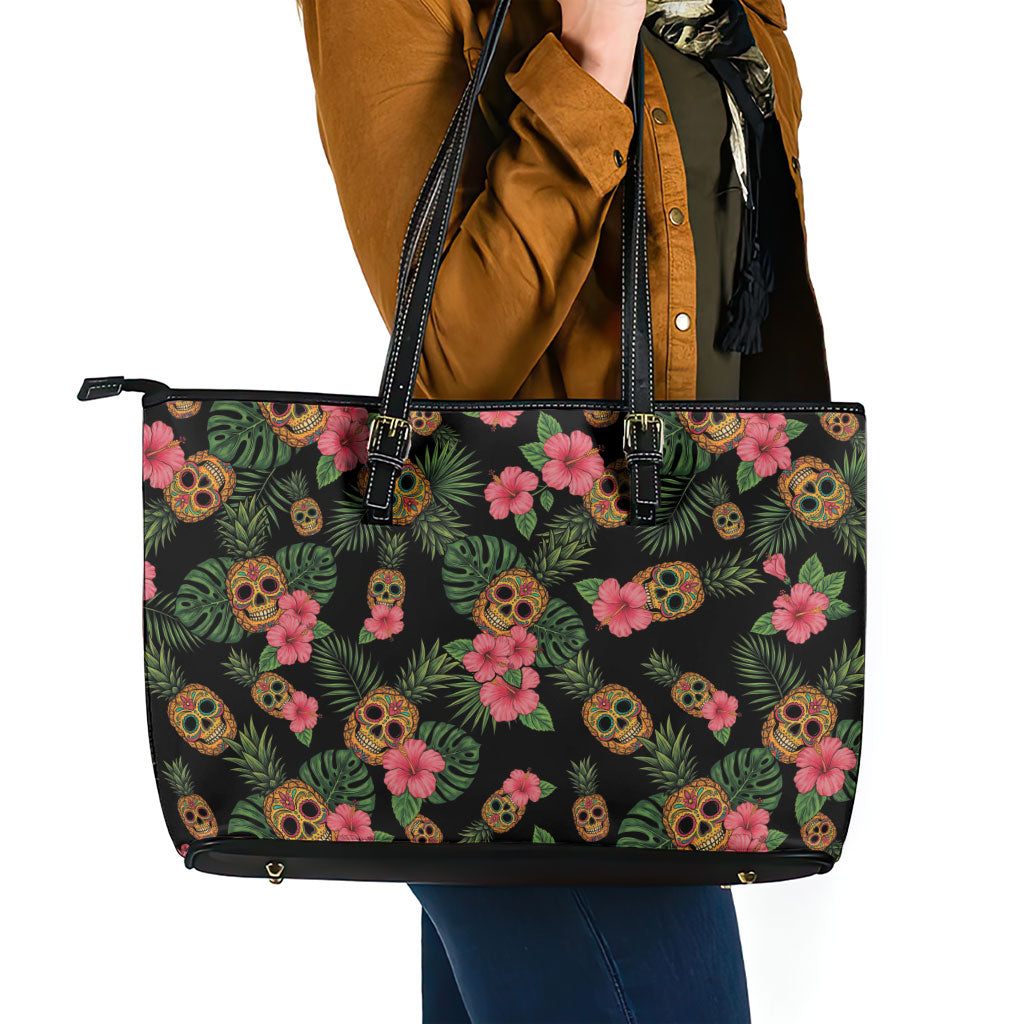 Tropical Calavera Hawaiian Leather Tote Bag Sugar Skull Pineapple Hibiscus Floral