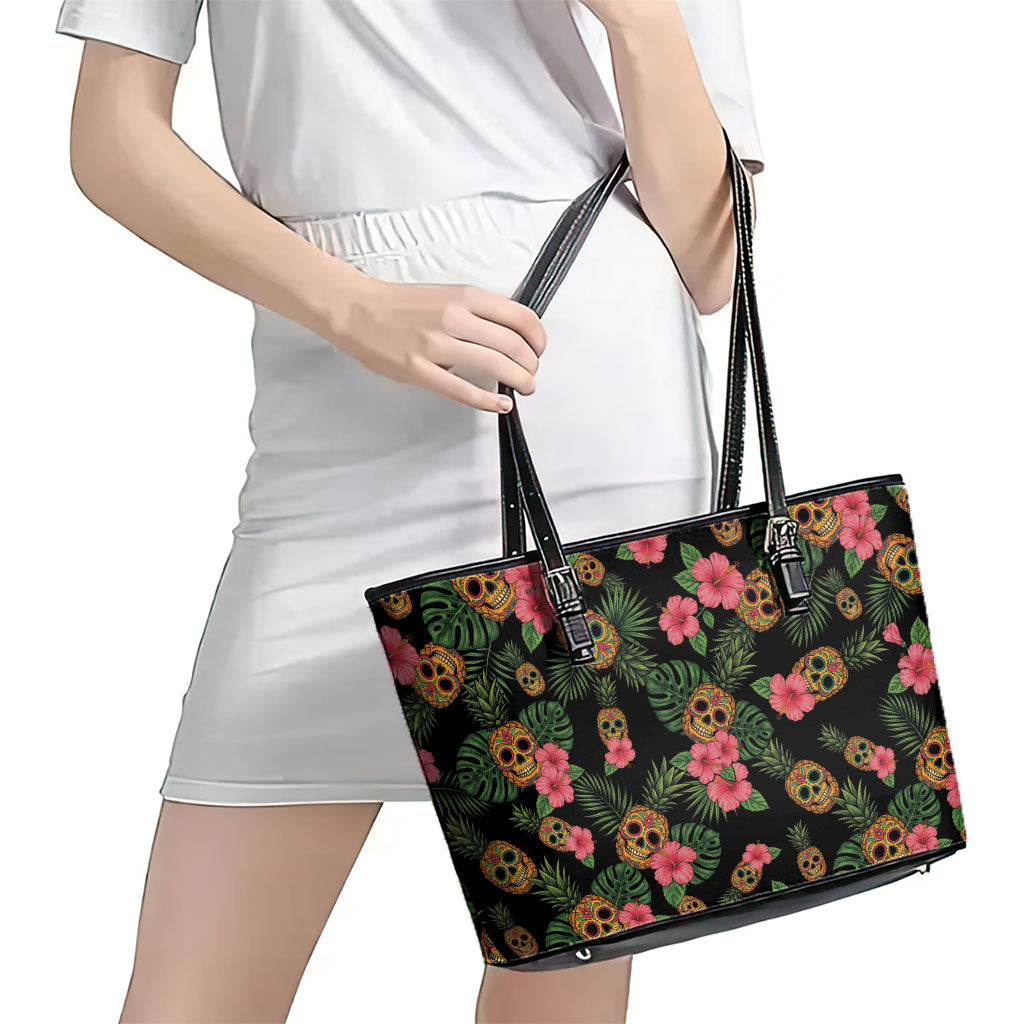 Tropical Calavera Hawaiian Leather Tote Bag Sugar Skull Pineapple Hibiscus Floral