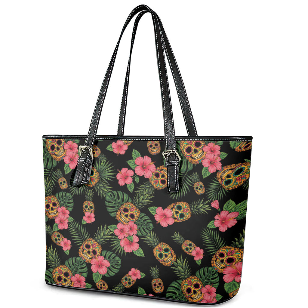 Tropical Calavera Hawaiian Leather Tote Bag Sugar Skull Pineapple Hibiscus Floral