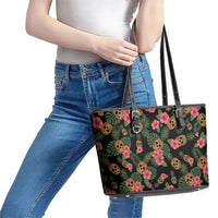 Tropical Calavera Hawaiian Leather Tote Bag Sugar Skull Pineapple Hibiscus Floral