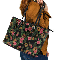 Tropical Calavera Hawaiian Leather Tote Bag Sugar Skull Pineapple Hibiscus Floral