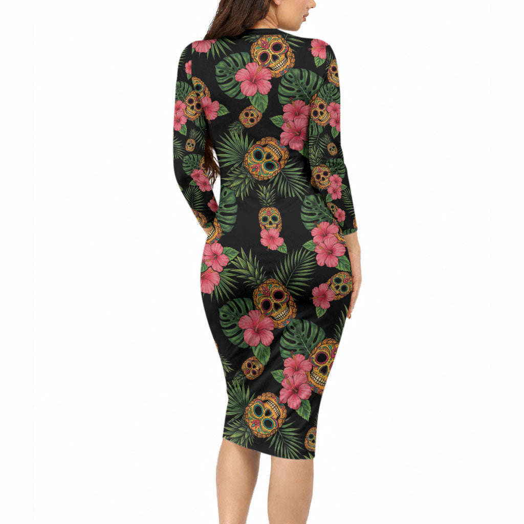 Tropical Calavera Hawaiian Long Sleeve Bodycon Dress Sugar Skull Pineapple Hibiscus Floral DT05 - Polynesian Pride