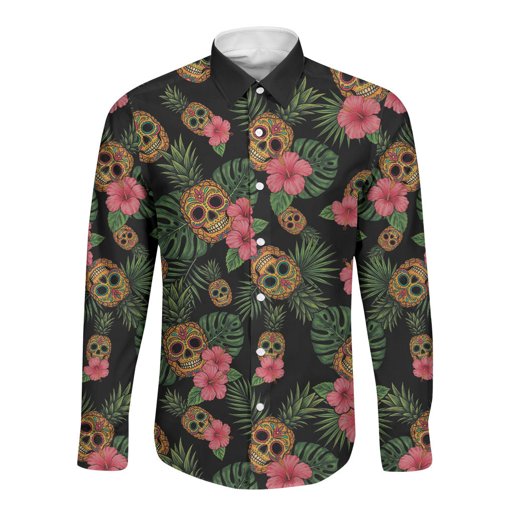Tropical Calavera Hawaiian Long Sleeve Button Shirt Sugar Skull Pineapple Hibiscus Floral DT05 Unisex Black - Polynesian Pride