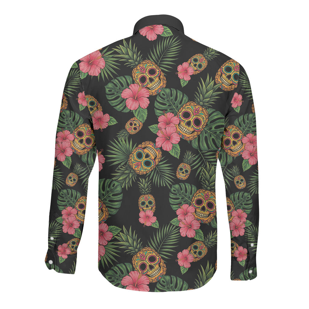 Tropical Calavera Hawaiian Long Sleeve Button Shirt Sugar Skull Pineapple Hibiscus Floral