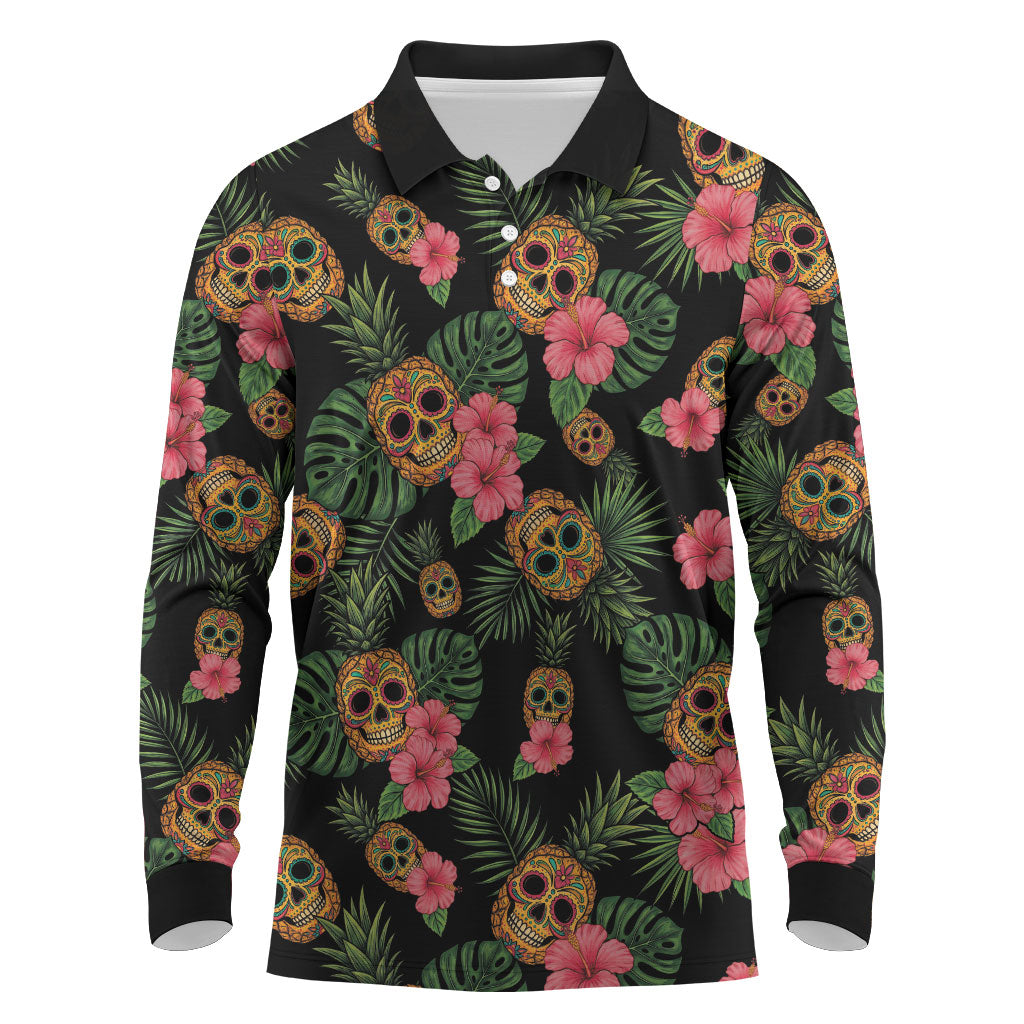 Tropical Calavera Hawaiian Long Sleeve Polo Shirt Sugar Skull Pineapple Hibiscus Floral DT05 Black - Polynesian Pride