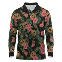 Tropical Calavera Hawaiian Long Sleeve Polo Shirt Sugar Skull Pineapple Hibiscus Floral DT05 Black - Polynesian Pride
