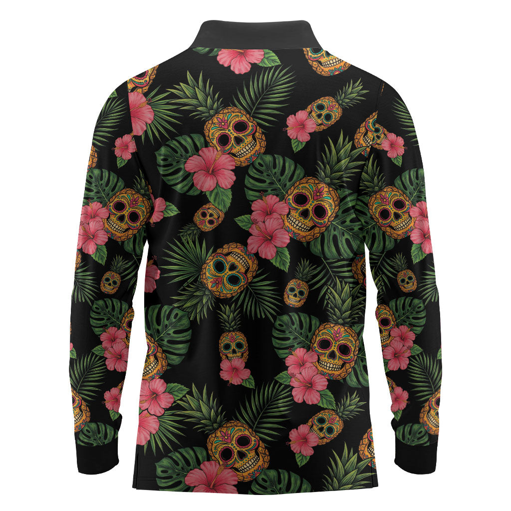 Tropical Calavera Hawaiian Long Sleeve Polo Shirt Sugar Skull Pineapple Hibiscus Floral DT05 - Polynesian Pride