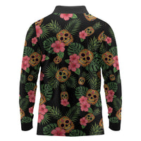 Tropical Calavera Hawaiian Long Sleeve Polo Shirt Sugar Skull Pineapple Hibiscus Floral DT05 - Polynesian Pride