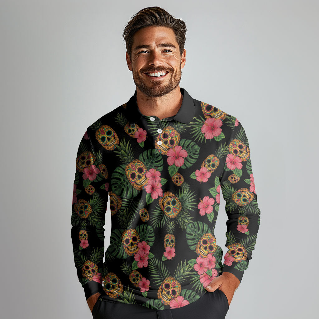 Tropical Calavera Hawaiian Long Sleeve Polo Shirt Sugar Skull Pineapple Hibiscus Floral DT05 - Polynesian Pride