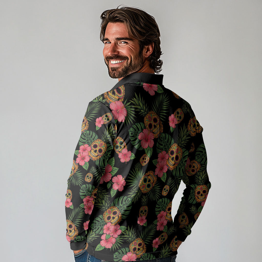 Tropical Calavera Hawaiian Long Sleeve Polo Shirt Sugar Skull Pineapple Hibiscus Floral DT05 - Polynesian Pride