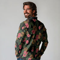Tropical Calavera Hawaiian Long Sleeve Polo Shirt Sugar Skull Pineapple Hibiscus Floral DT05 - Polynesian Pride