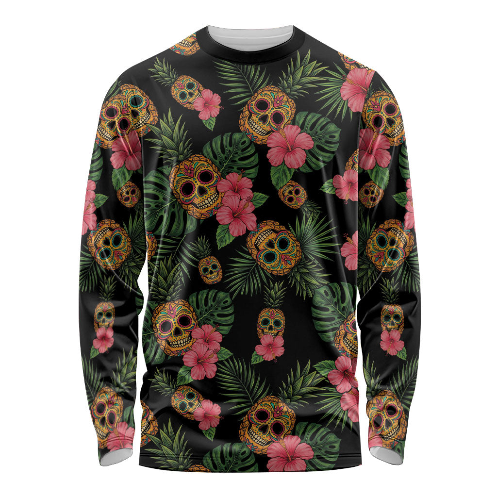 Tropical Calavera Hawaiian Long Sleeve Shirt Sugar Skull Pineapple Hibiscus Floral