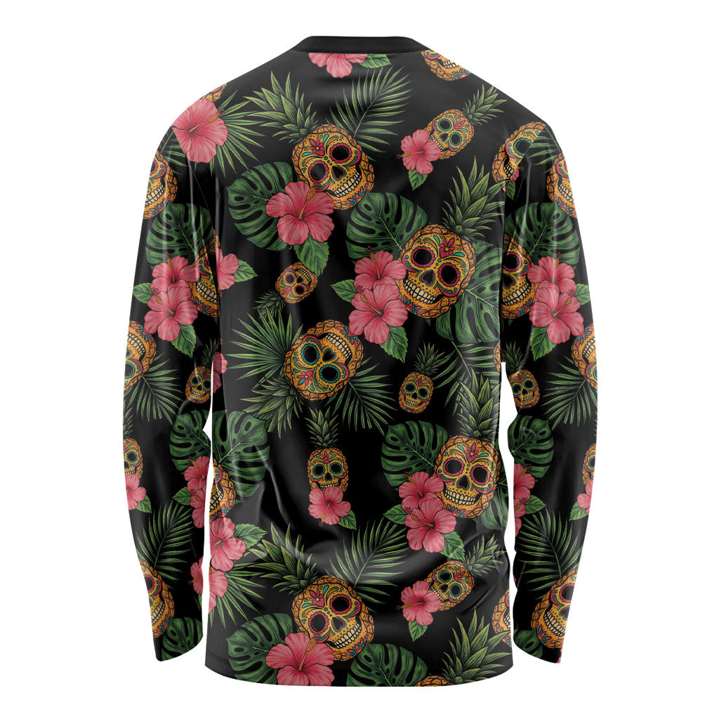Tropical Calavera Hawaiian Long Sleeve Shirt Sugar Skull Pineapple Hibiscus Floral