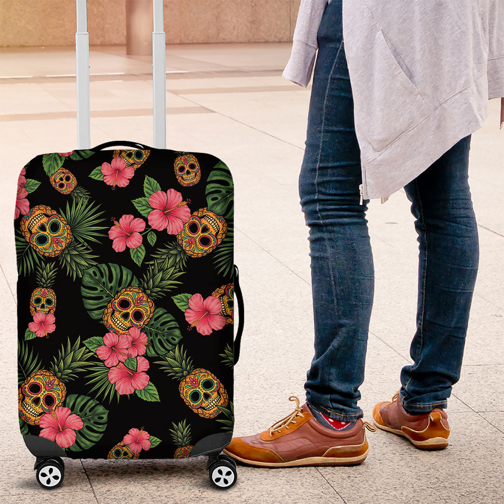Tropical Calavera Hawaiian Luggage Cover Sugar Skull Pineapple Hibiscus Floral DT05 Black - Polynesian Pride