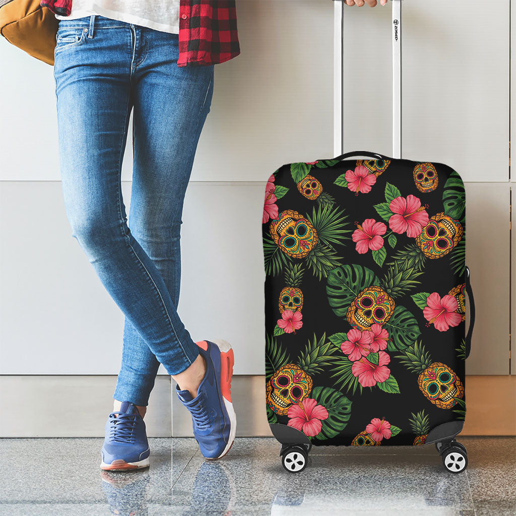 Tropical Calavera Hawaiian Luggage Cover Sugar Skull Pineapple Hibiscus Floral DT05 - Polynesian Pride