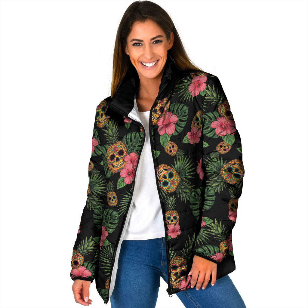Tropical Calavera Hawaiian Padded Jacket Sugar Skull Pineapple Hibiscus Floral