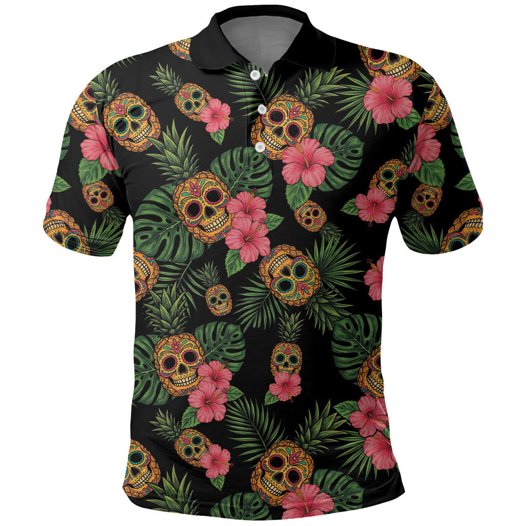 Tropical Calavera Hawaiian Polo Shirt Sugar Skull Pineapple Hibiscus Floral DT05 Black - Polynesian Pride