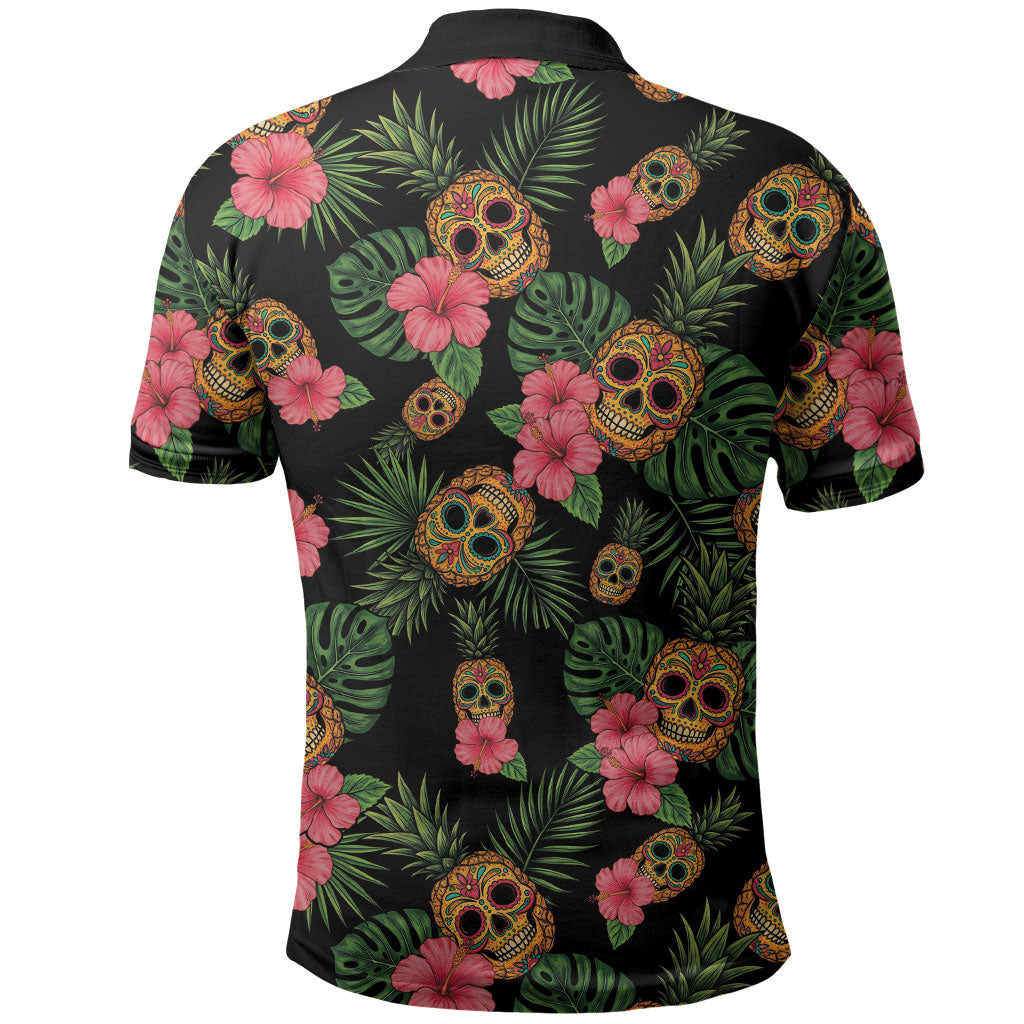 Tropical Calavera Hawaiian Polo Shirt Sugar Skull Pineapple Hibiscus Floral