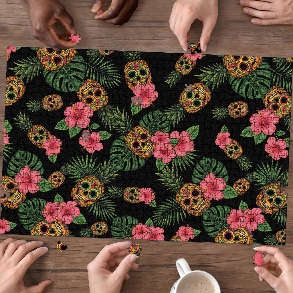 Tropical Calavera Hawaiian Puzzle Sugar Skull Pineapple Hibiscus Floral