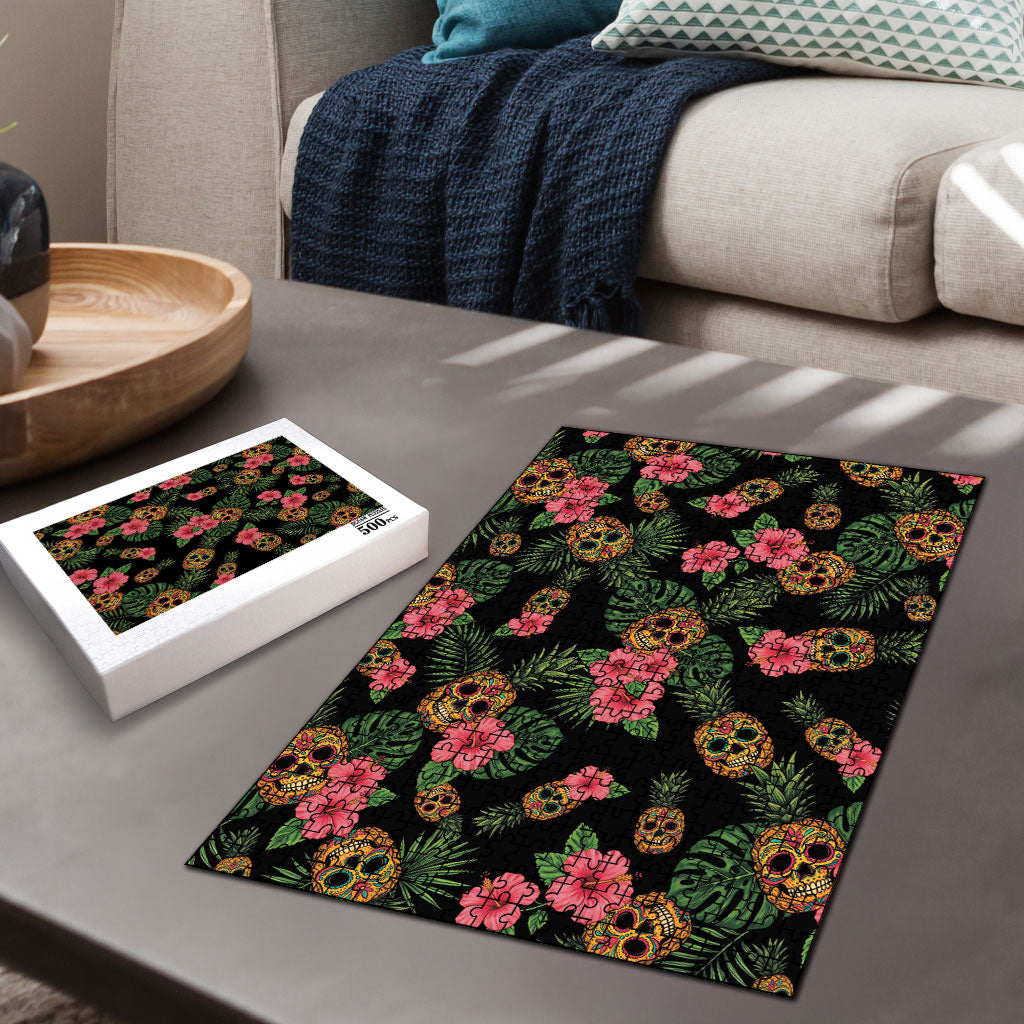 Tropical Calavera Hawaiian Puzzle Sugar Skull Pineapple Hibiscus Floral