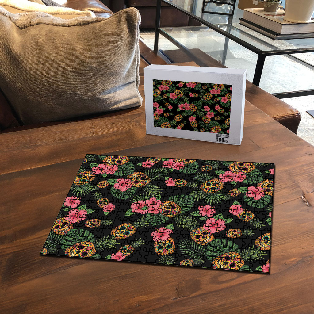 Tropical Calavera Hawaiian Puzzle Sugar Skull Pineapple Hibiscus Floral