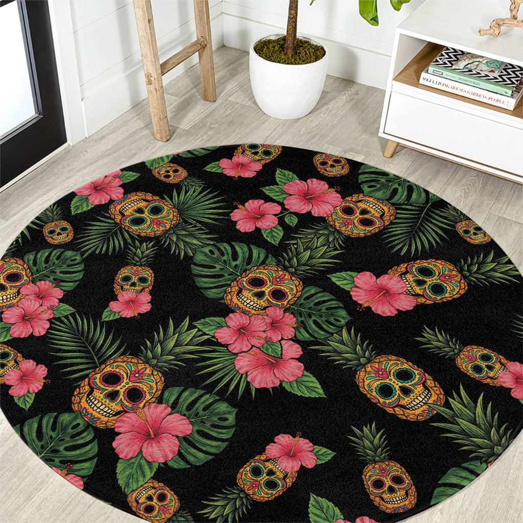 Tropical Calavera Hawaiian Round Carpet Sugar Skull Pineapple Hibiscus Floral