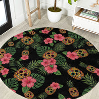 Tropical Calavera Hawaiian Round Carpet Sugar Skull Pineapple Hibiscus Floral