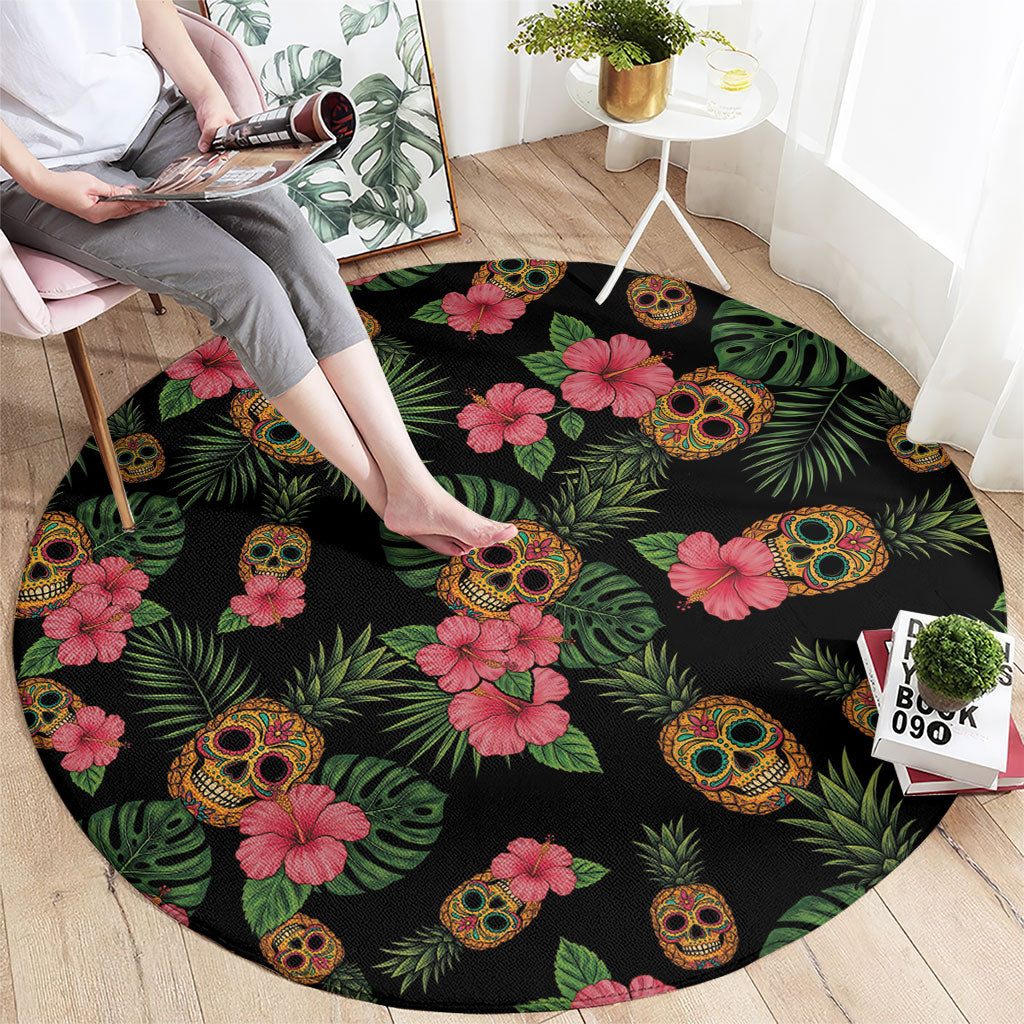 Tropical Calavera Hawaiian Round Carpet Sugar Skull Pineapple Hibiscus Floral