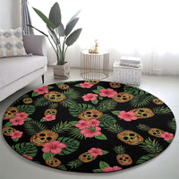 Tropical Calavera Hawaiian Round Carpet Sugar Skull Pineapple Hibiscus Floral