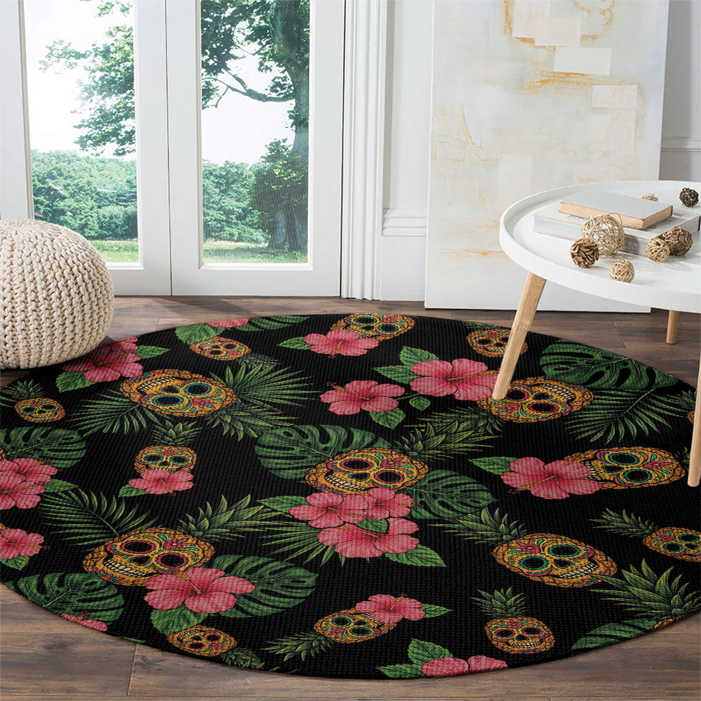 Tropical Calavera Hawaiian Round Carpet Sugar Skull Pineapple Hibiscus Floral