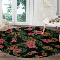 Tropical Calavera Hawaiian Round Carpet Sugar Skull Pineapple Hibiscus Floral