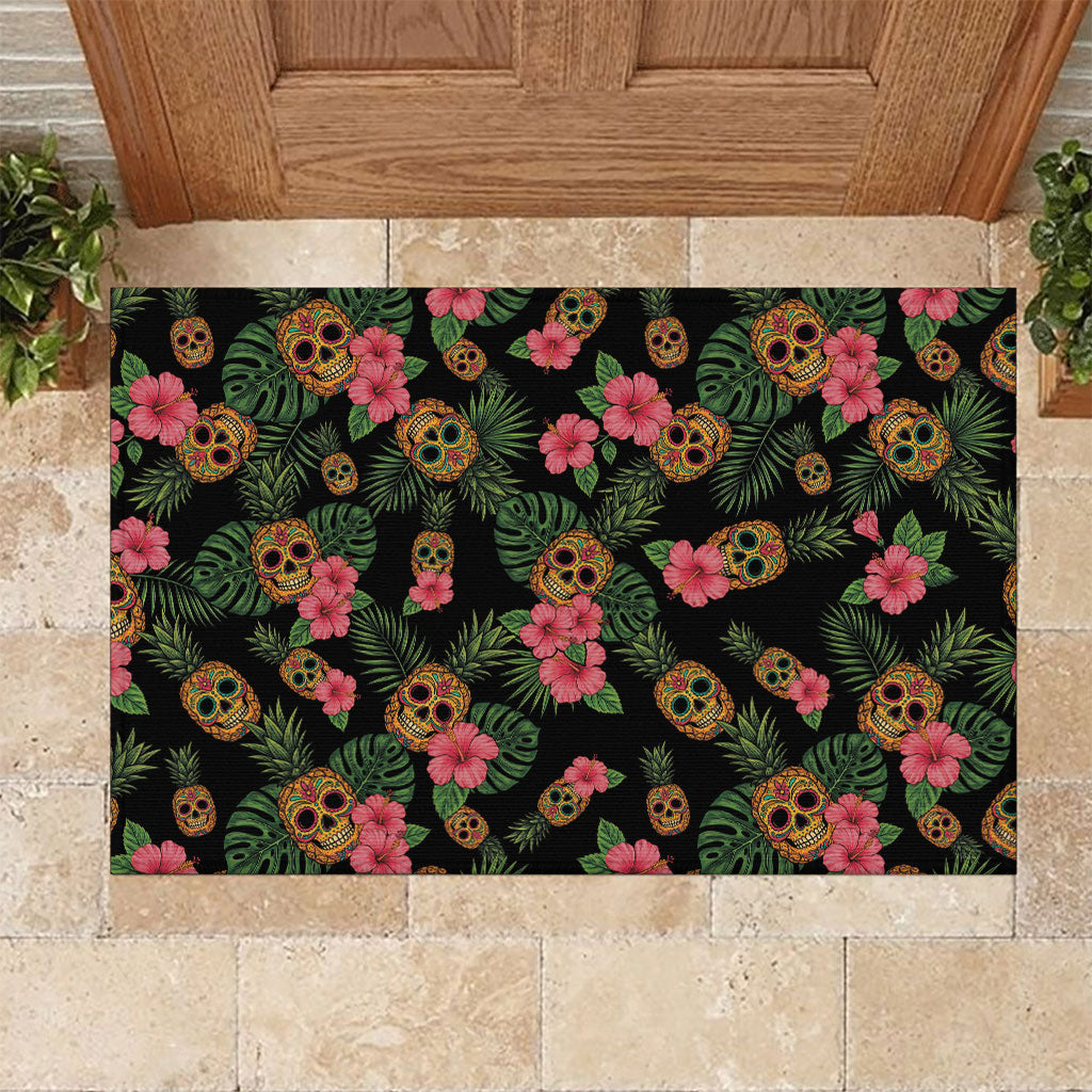 Tropical Calavera Hawaiian Rubber Doormat Sugar Skull Pineapple Hibiscus Floral