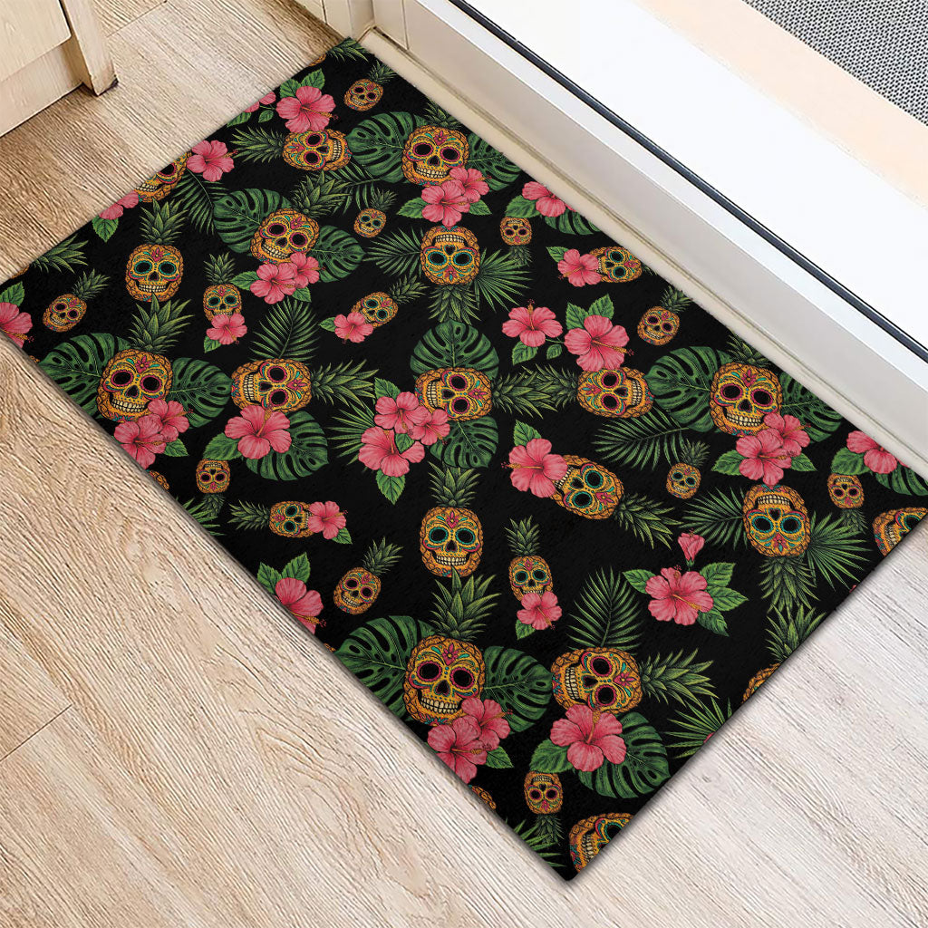 Tropical Calavera Hawaiian Rubber Doormat Sugar Skull Pineapple Hibiscus Floral